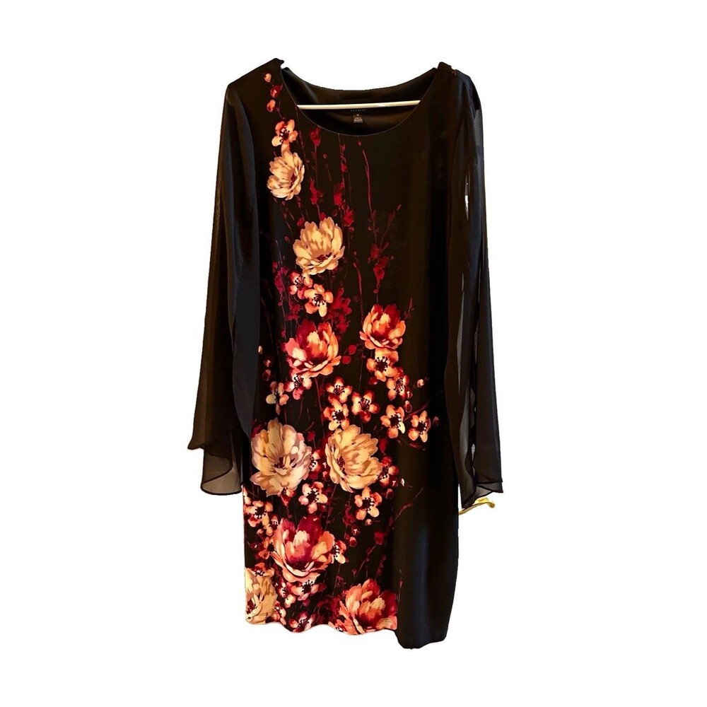 Connected Apparel Floral Sheath Dress Black Pink Sheer Sleeve Whimsy Goth 12